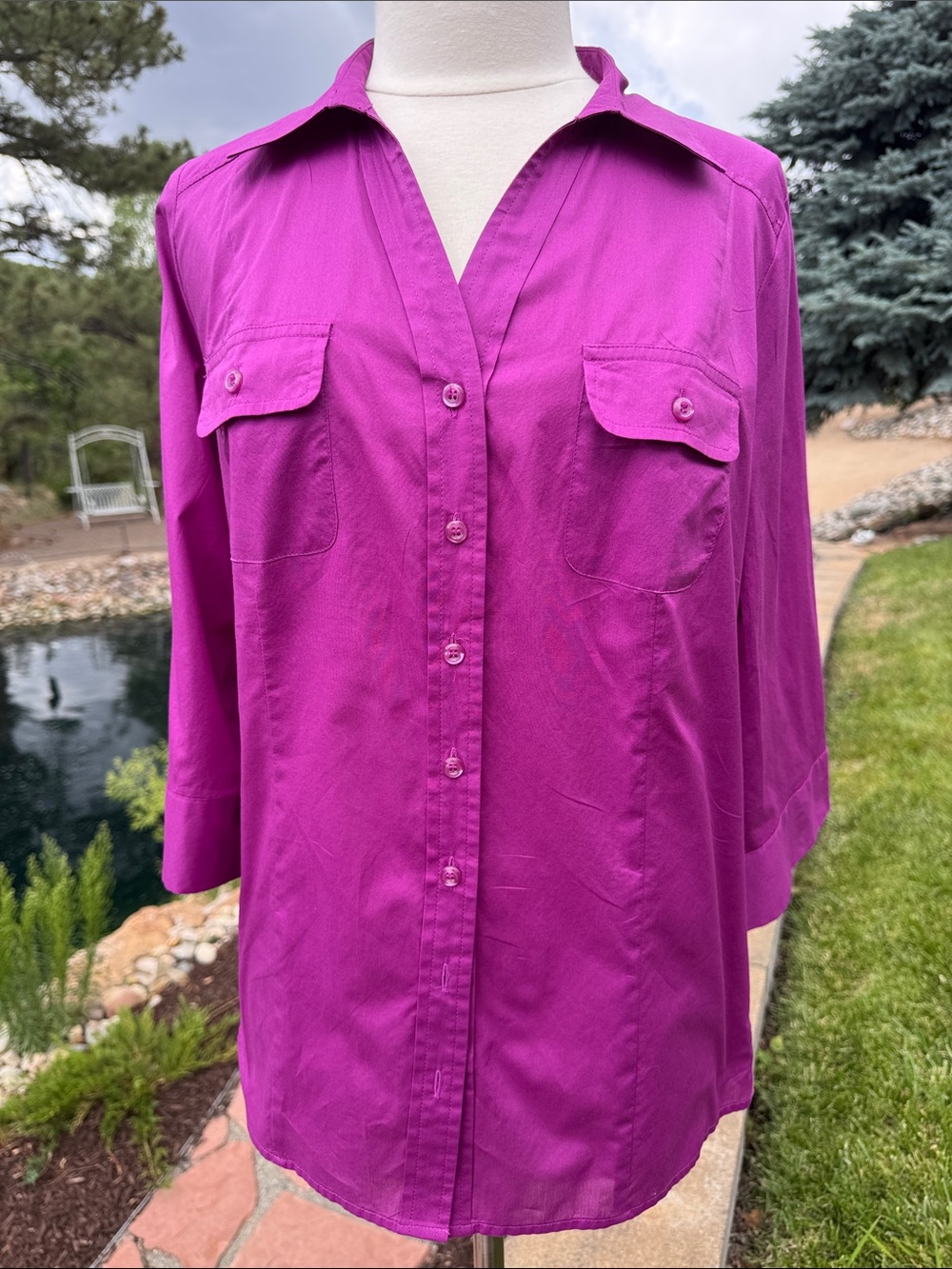 Lane Bryant 100% Cotton Magenta Button-Front Shirt with Side Ribbed Detail 14/16
